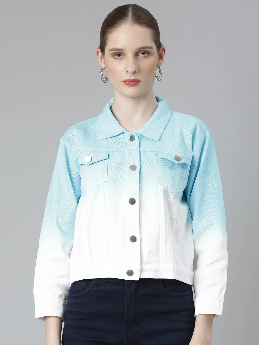 Casual Feel Convertible Collar Style Women's Blue Spread Collar Long Sleeves Ombre Denim Jacket