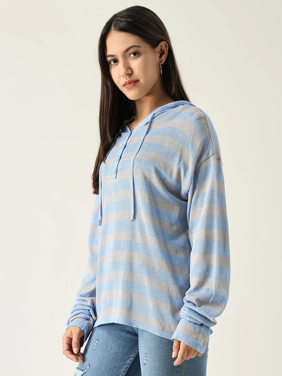 Women's Blue Striped Hood Pullover Sweatshirt Stretchy