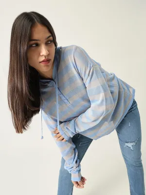 Festival Outfit Women's Blue Striped Hood Pullover Sweatshirt