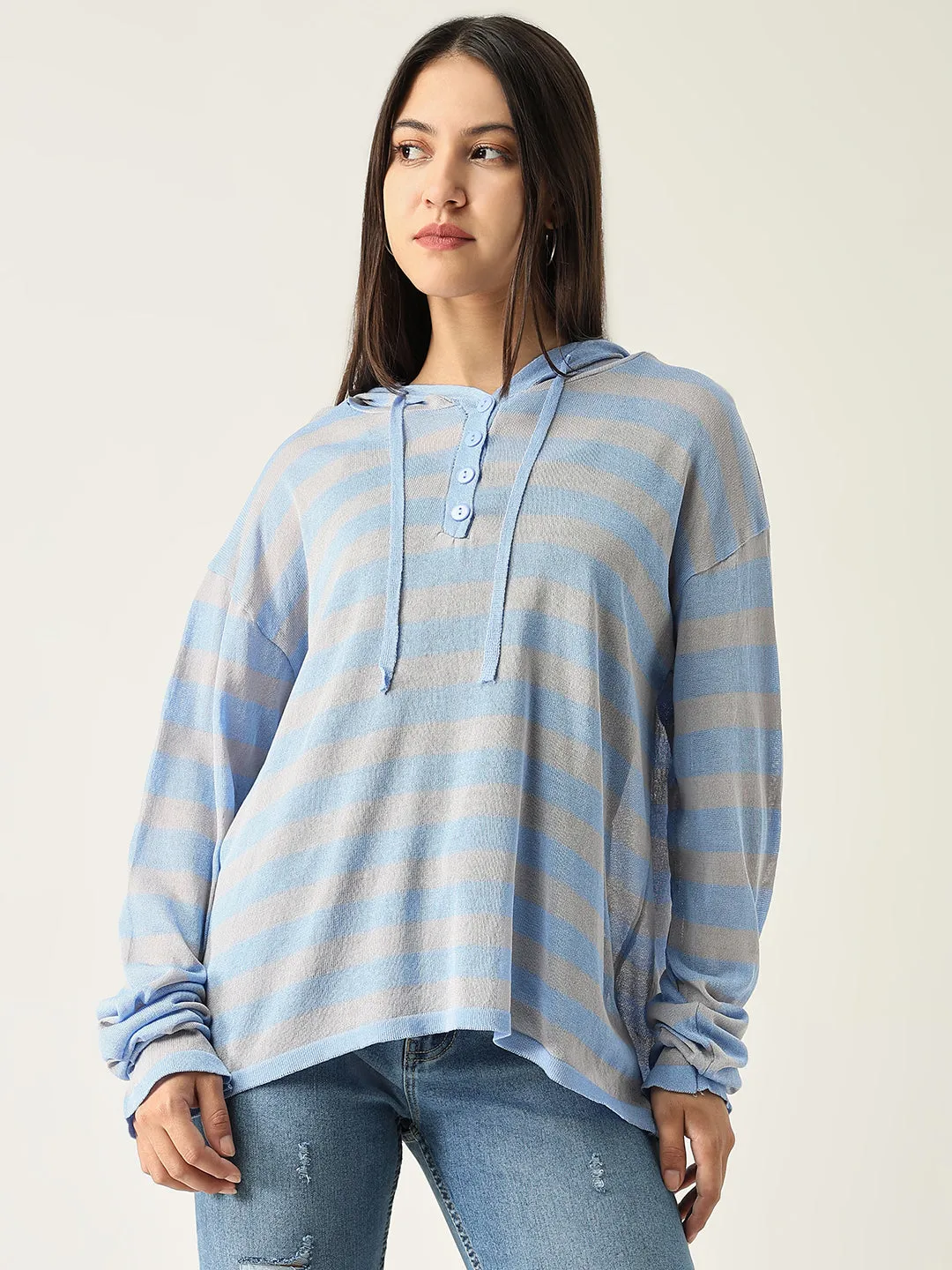 Cool in summer Women's Blue Striped Hood Pullover Sweatshirt