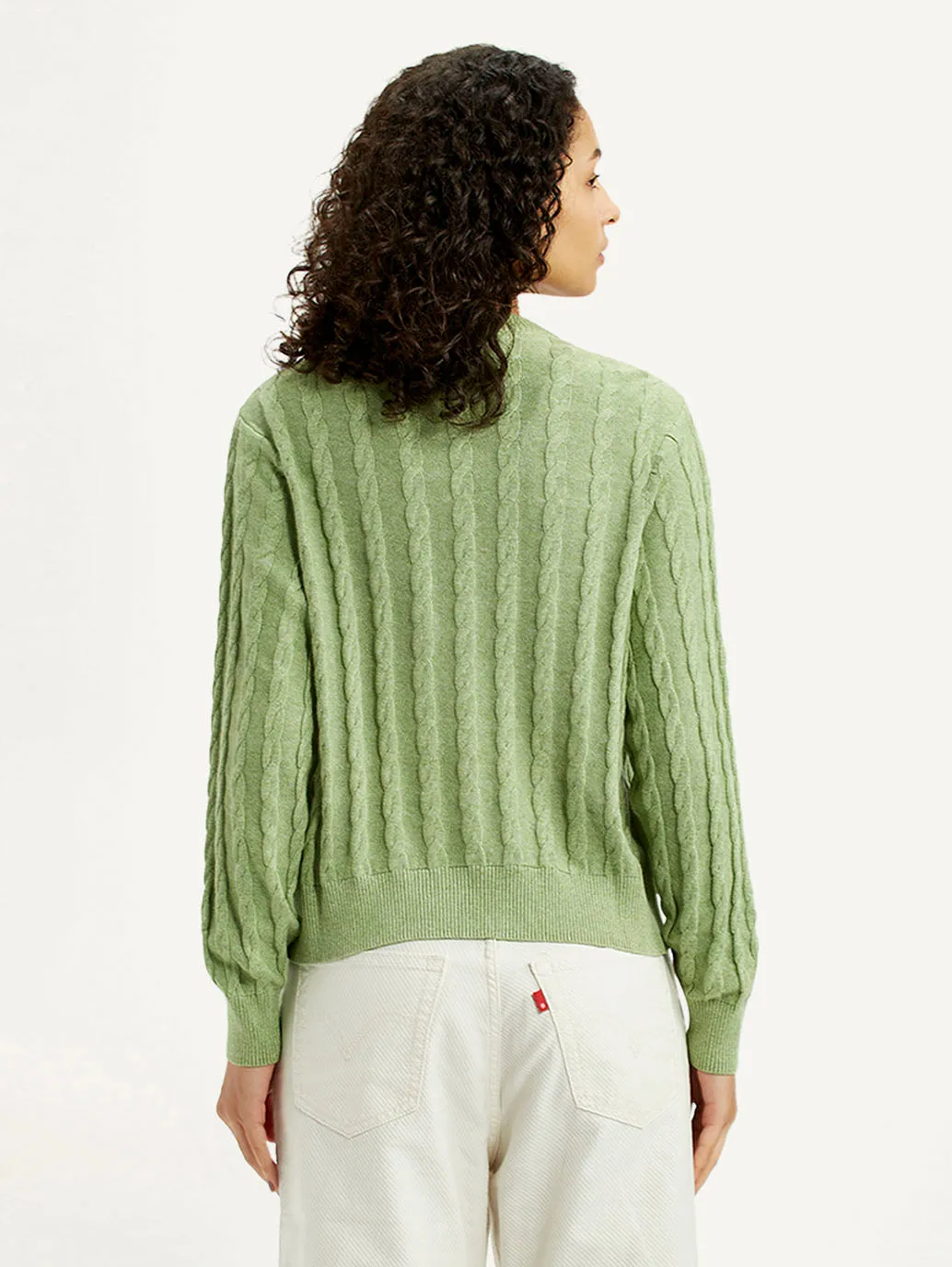 Women's Brand Logo Light Green Crew Neck Sweater Simple Layer Lattice Ventilation Weave