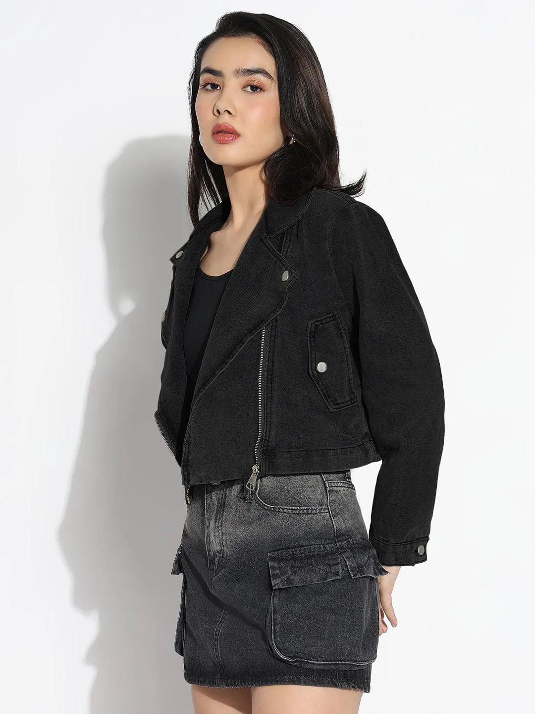 Women's Charcoal Denim Jacket Unisex Casual Fit Noise Free Zipper
