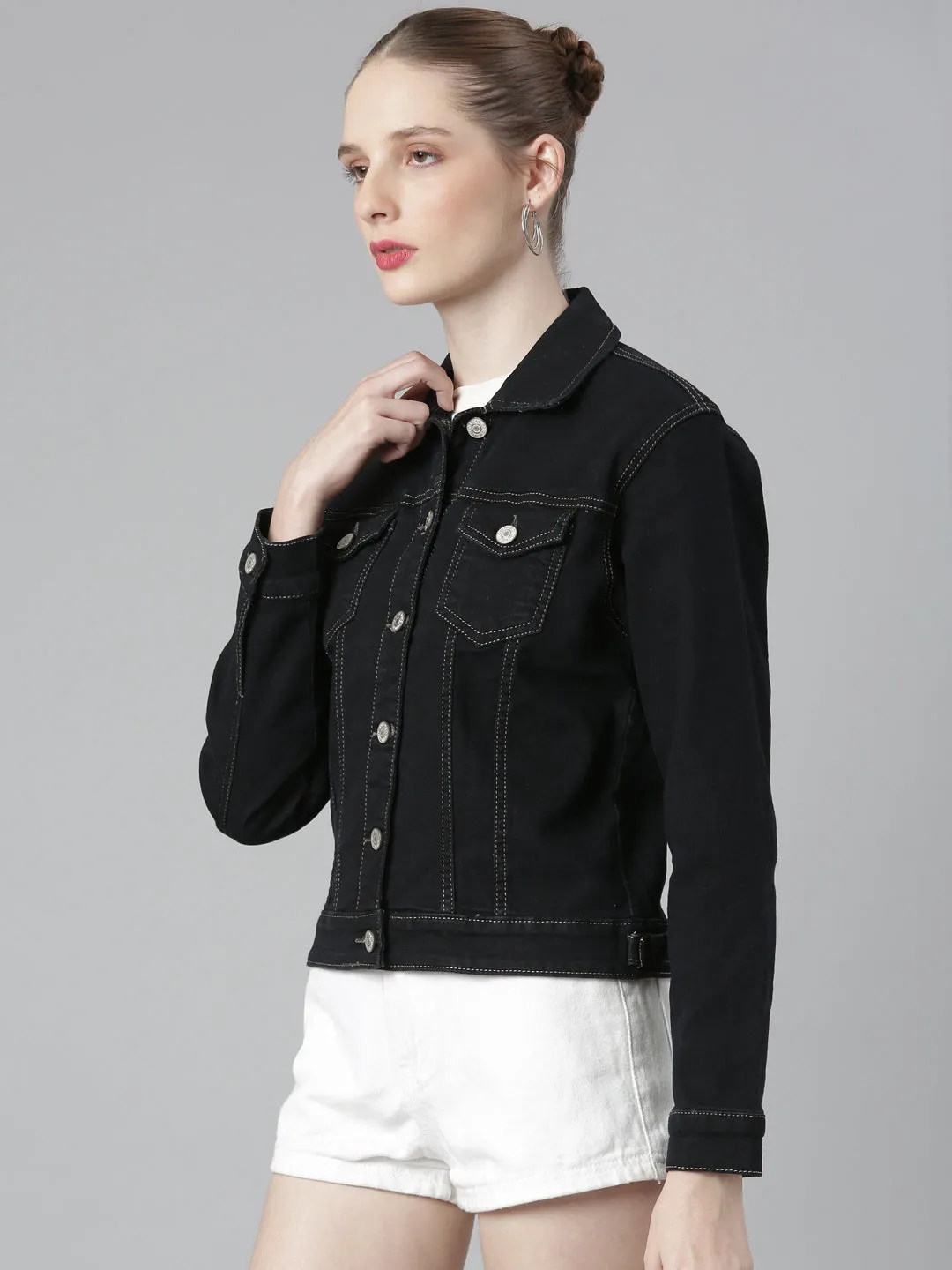 Women's Charcoal Spread Collar Crop Denim Jacket Sport Fit