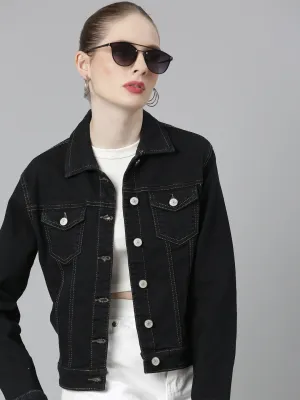 Women's Charcoal Spread Collar Crop Denim Jacket Flexible Waistband ReinforcedElbows