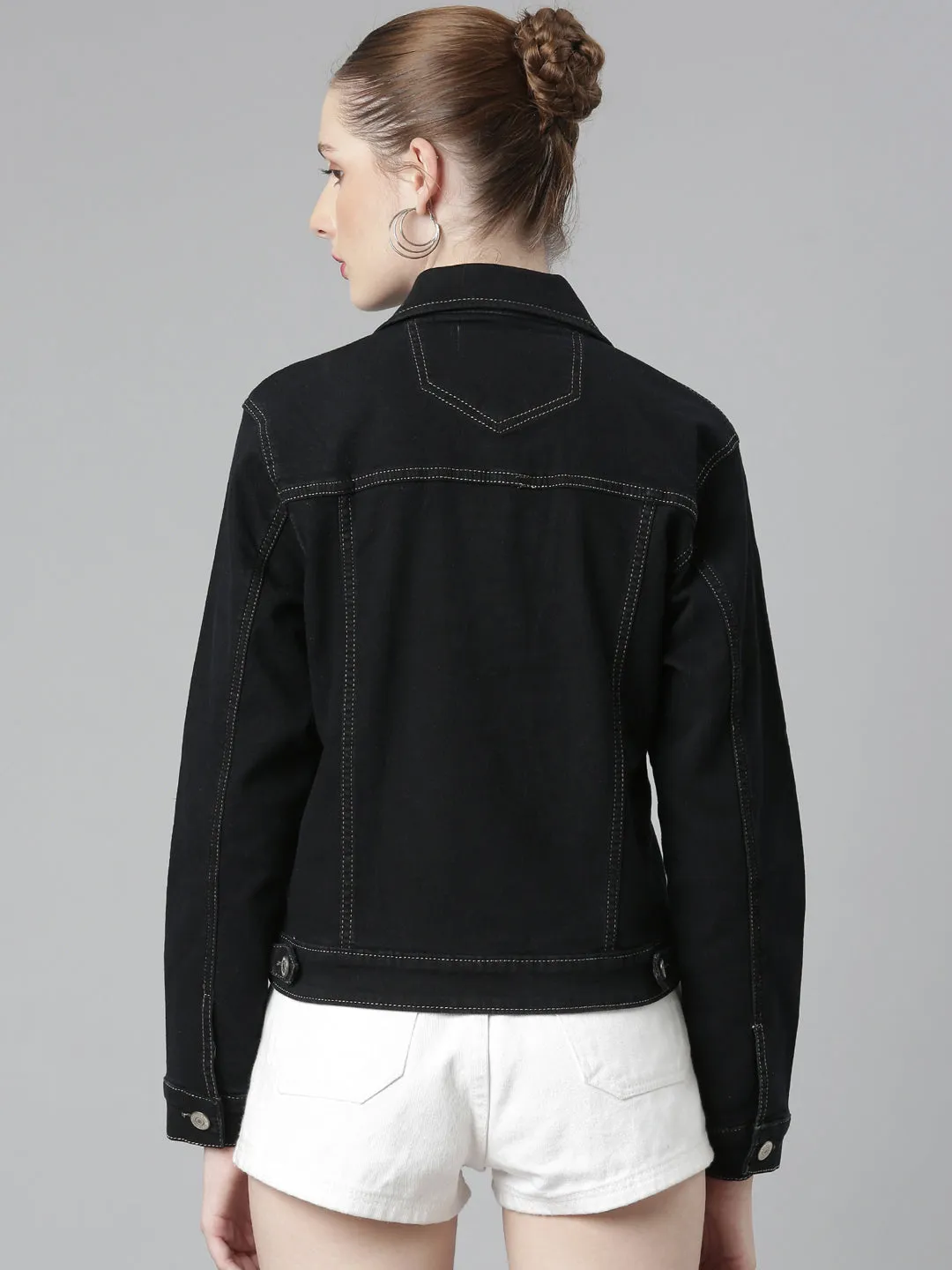 Women's Charcoal Spread Collar Crop Denim Jacket Shrink resistant Eco Friendly Dye Process