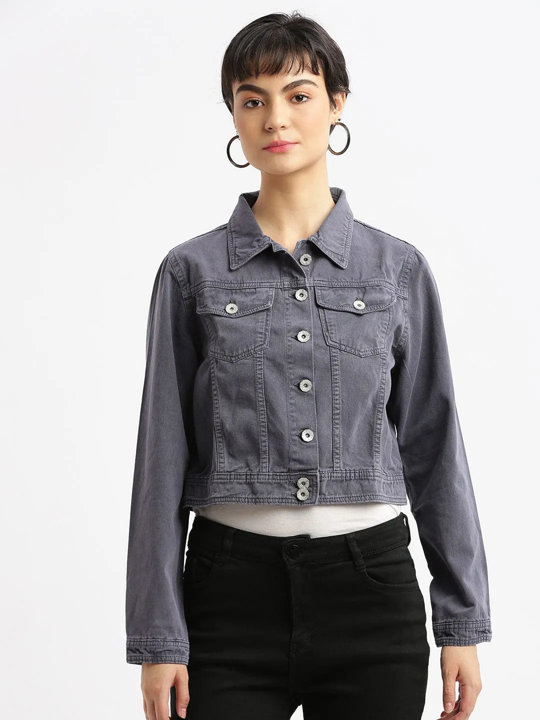 Women's Charcoal Windcheater and Water Resistant Crop Denim Jacket Non Restrictive Mobility Layered Collar