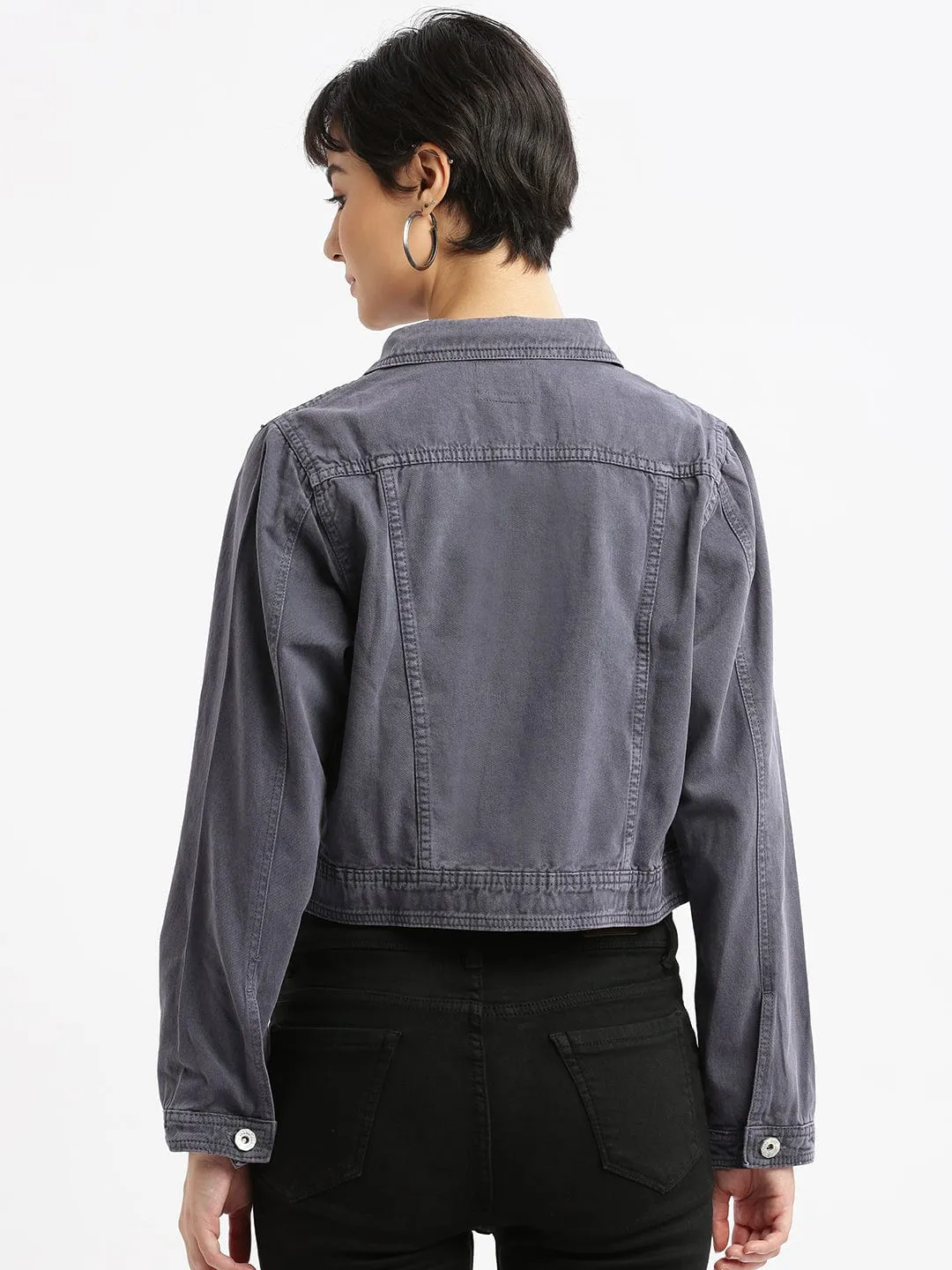 Women's Charcoal Windcheater and Water Resistant Crop Denim Jacket Thick Fabric