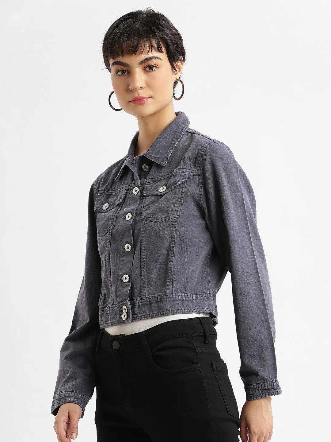 Sport Fit Smooth Zipper Glides Women's Charcoal Windcheater and Water Resistant Crop Denim Jacket