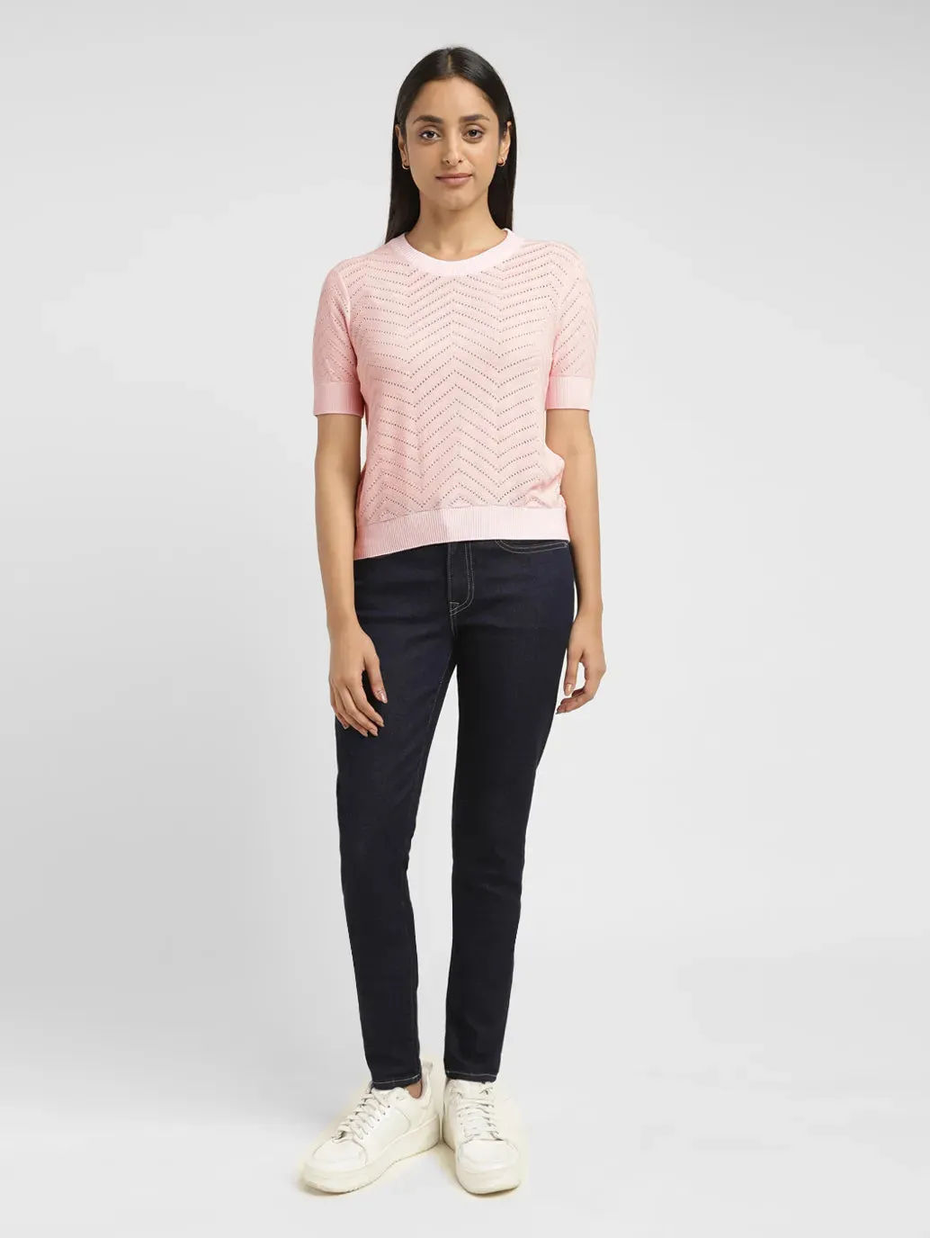 Women's Chevron Pink Crew Neck Sweater Knit Density Options Under Jacket