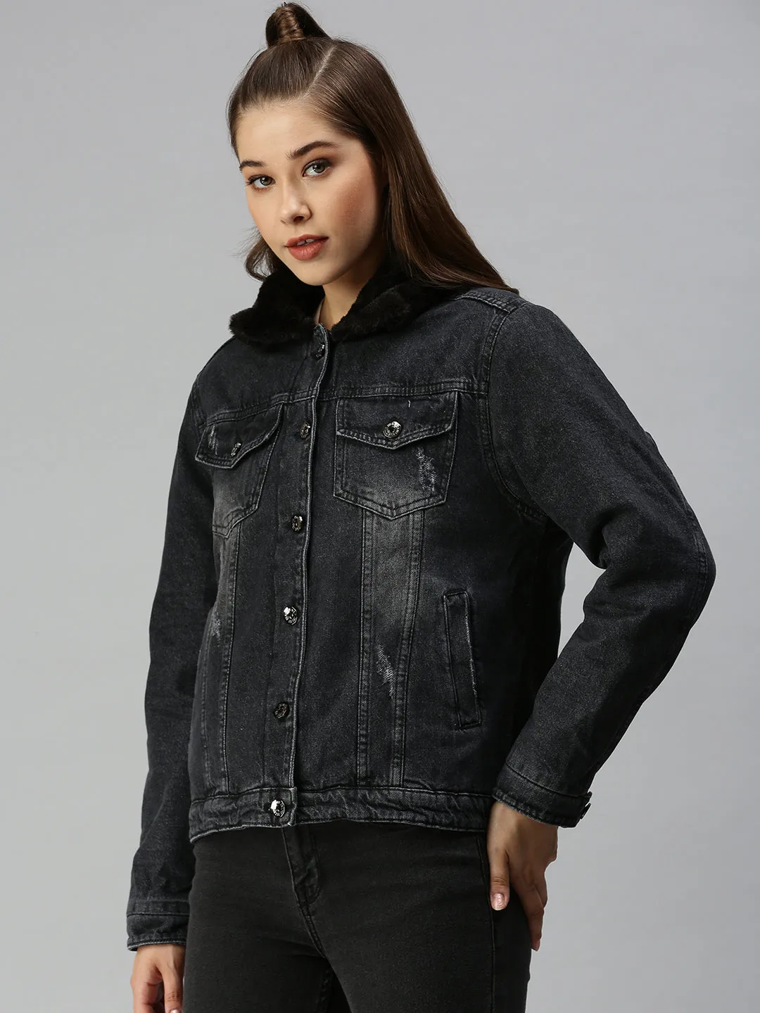 Women's Dark Grey Washed Outdoor Denim Jacket Practical Cold Piece