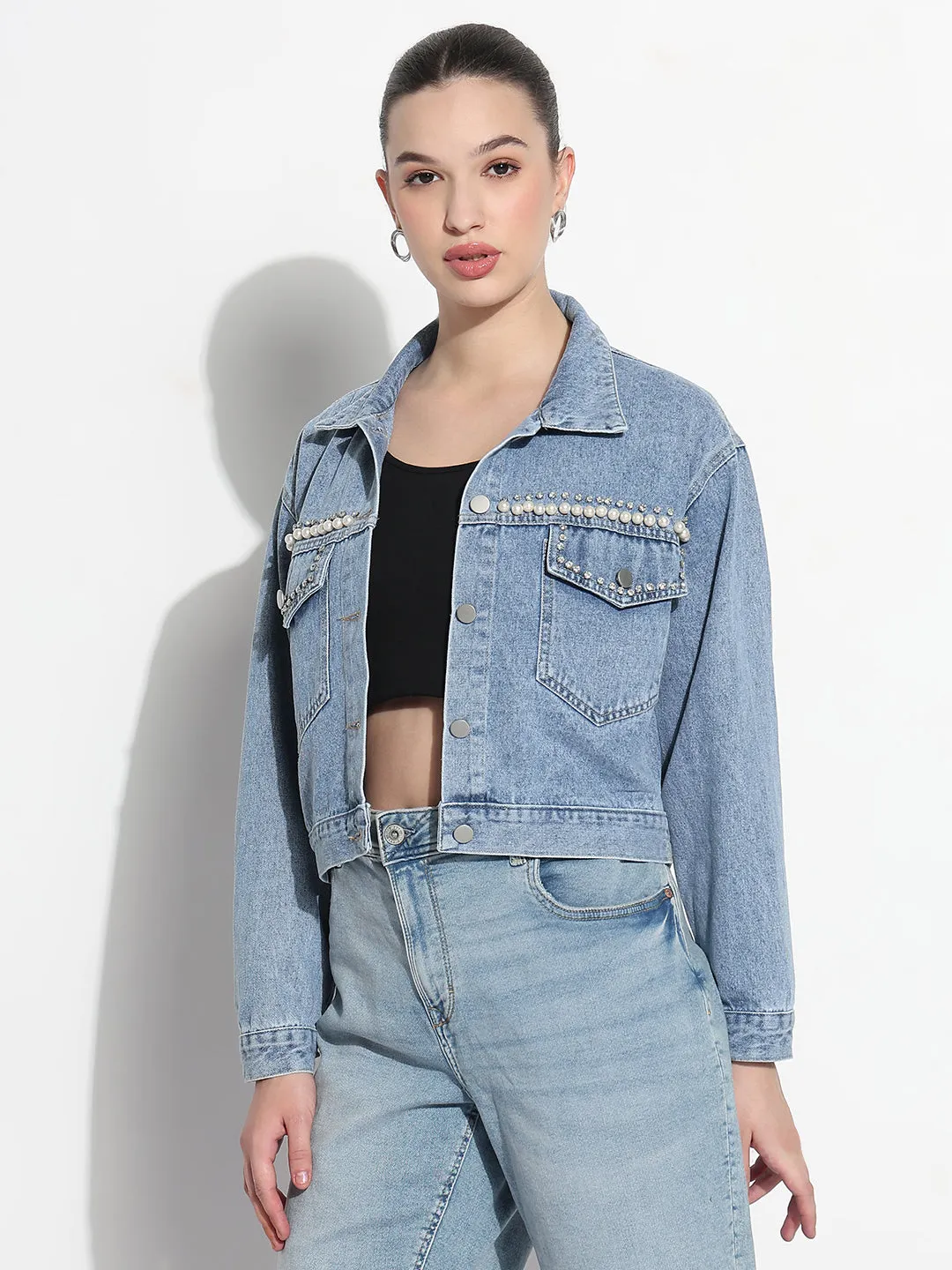 Women's Embellished Blue Spread Collar Relaxed Fit Denim Jacket DetachableLining Autumn Layers