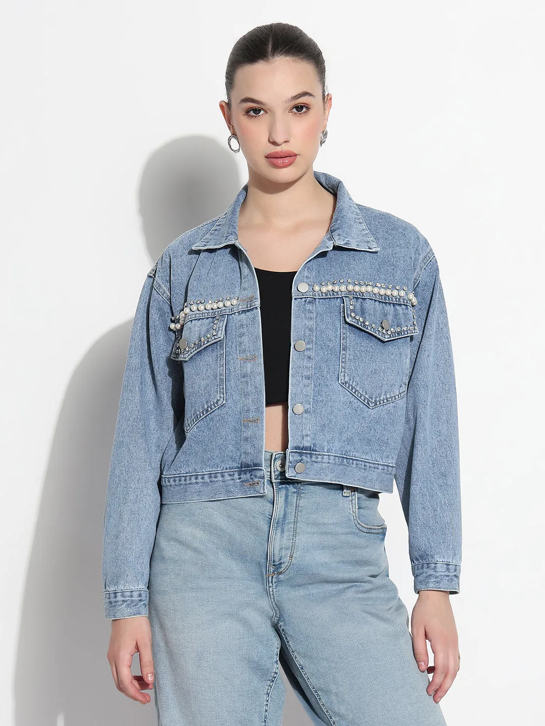 Rugged Style Women's Embellished Blue Spread Collar Relaxed Fit Denim Jacket