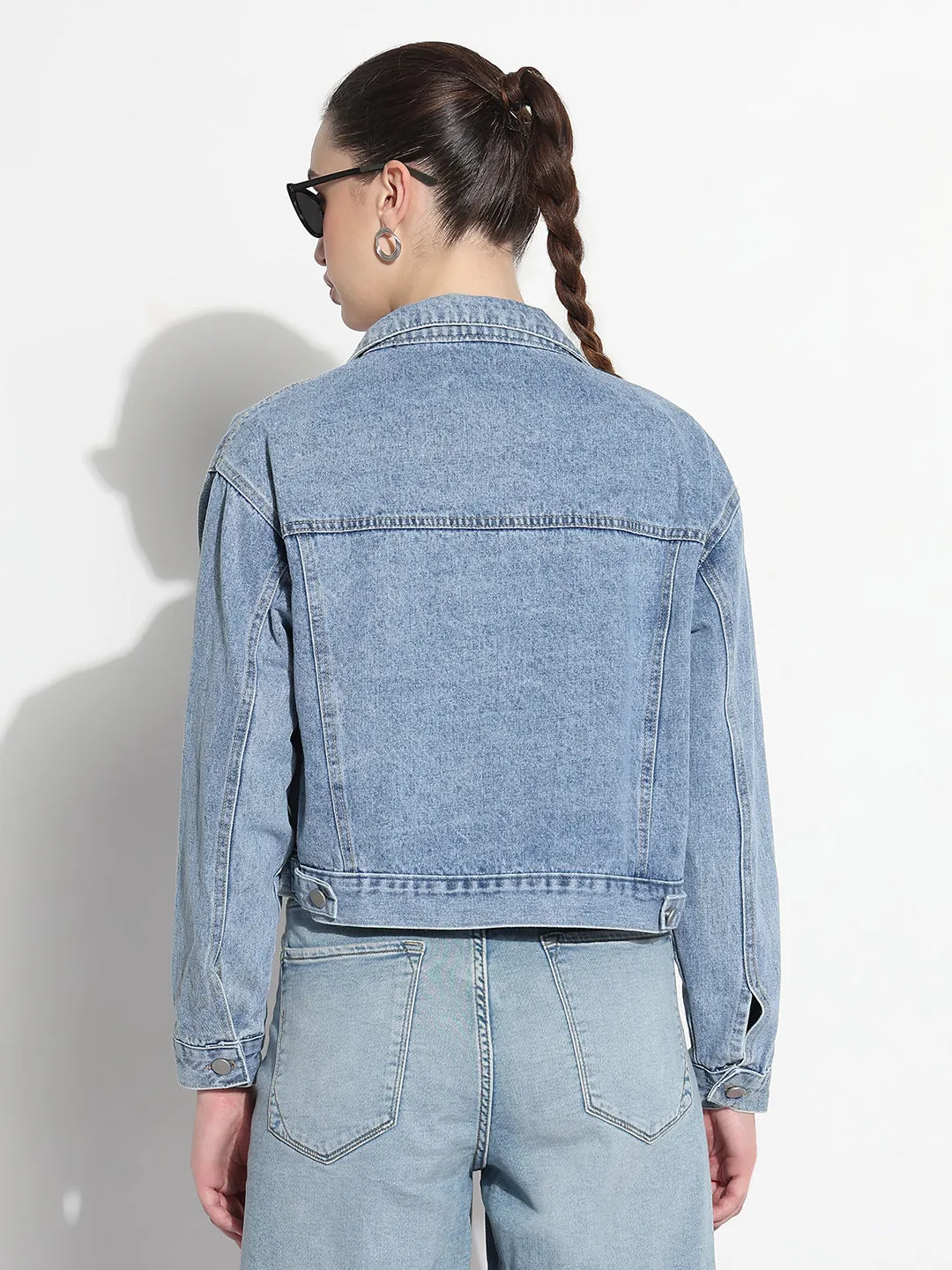 Stylish Layer Women's Embellished Blue Spread Collar Relaxed Fit Denim Jacket