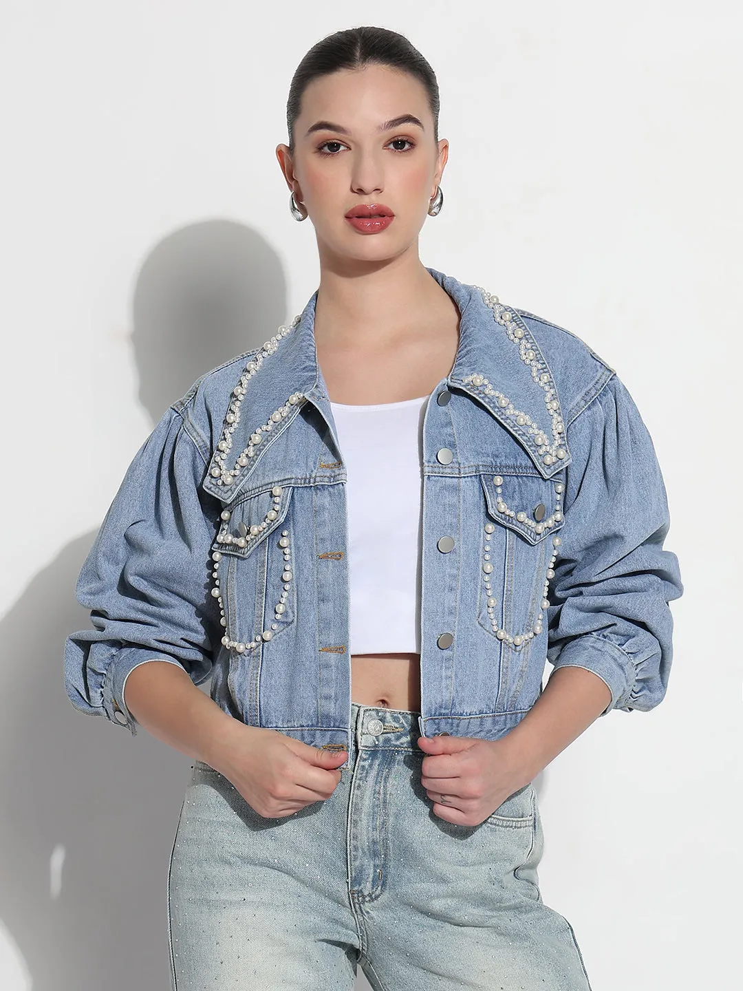 All Season Fit Women's Embellished Blue Spread Collar Relaxed Fit Denim Jacket