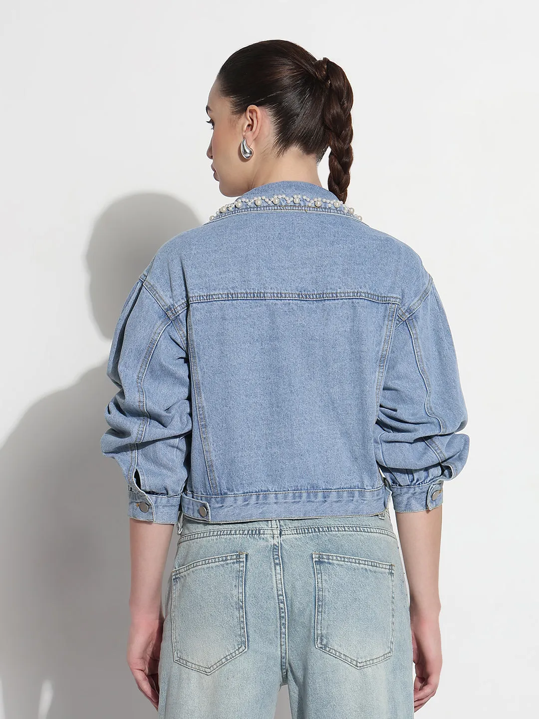 All Year Women's Embellished Blue Spread Collar Relaxed Fit Denim Jacket