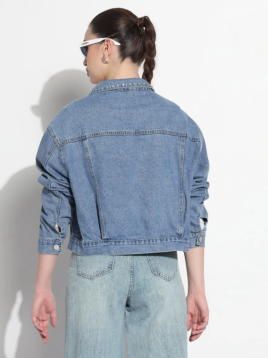 Stowable Hood Women's Embellished Blue Spread Collar Relaxed Fit Denim Jacket