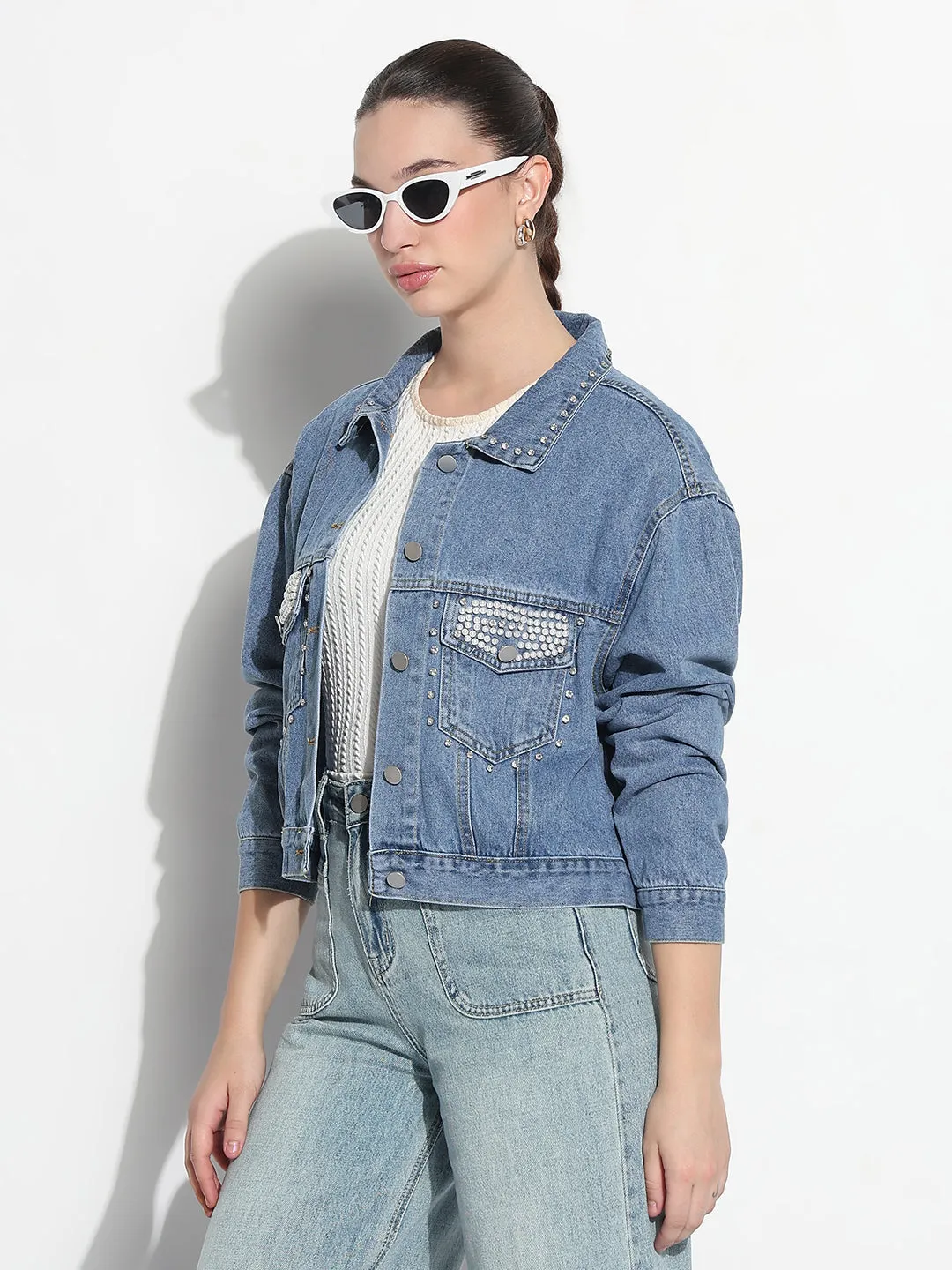 Women's Embellished Blue Spread Collar Relaxed Fit Denim Jacket Durable Stitching