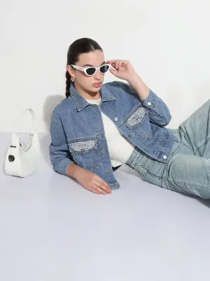 Women's Embellished Blue Spread Collar Relaxed Fit Denim Jacket Soft Comfort Design
