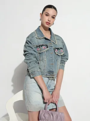 Durable Outer Shell Ventilation Vents Women's Embellished Blue Spread Collar Relaxed Fit Denim Jacket