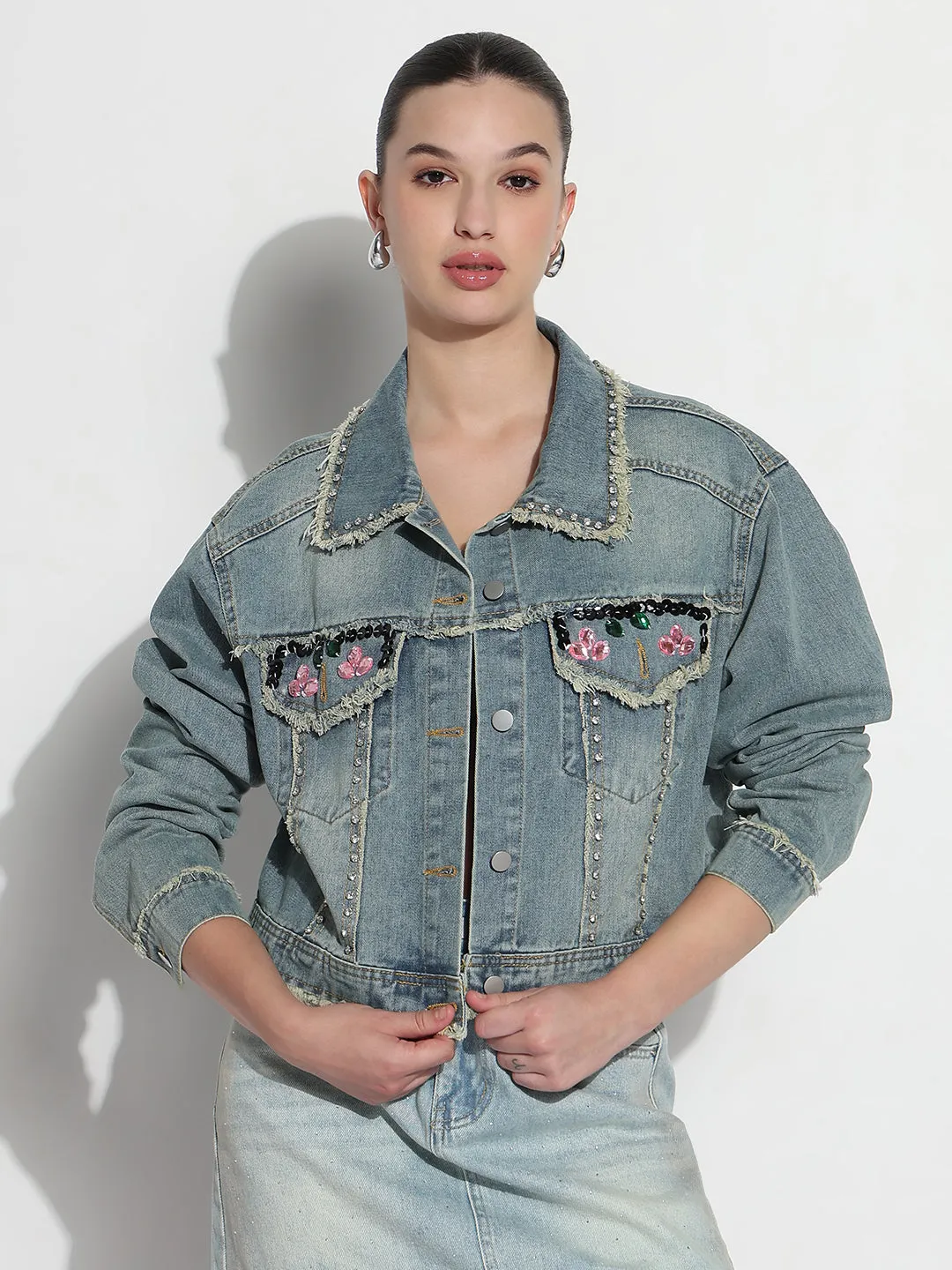 Women's Embellished Blue Spread Collar Relaxed Fit Denim Jacket Smart Weather Style Noise Free Zippers
