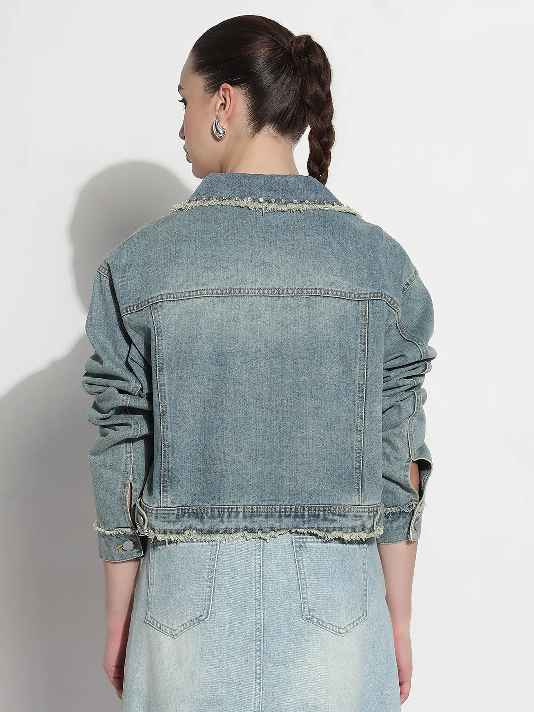 Easy Care Material Thermo Regulating Fabric Women's Embellished Blue Spread Collar Relaxed Fit Denim Jacket