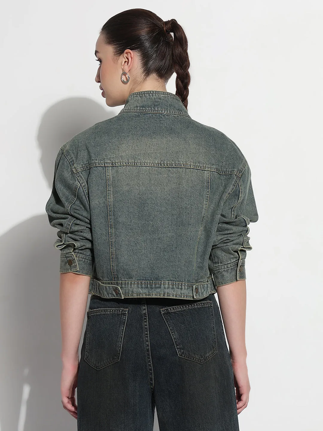 Secure Closure Systems Quick Release Buckle Women's Embellished Blue Stand Collar Relaxed Fit Denim Jacket