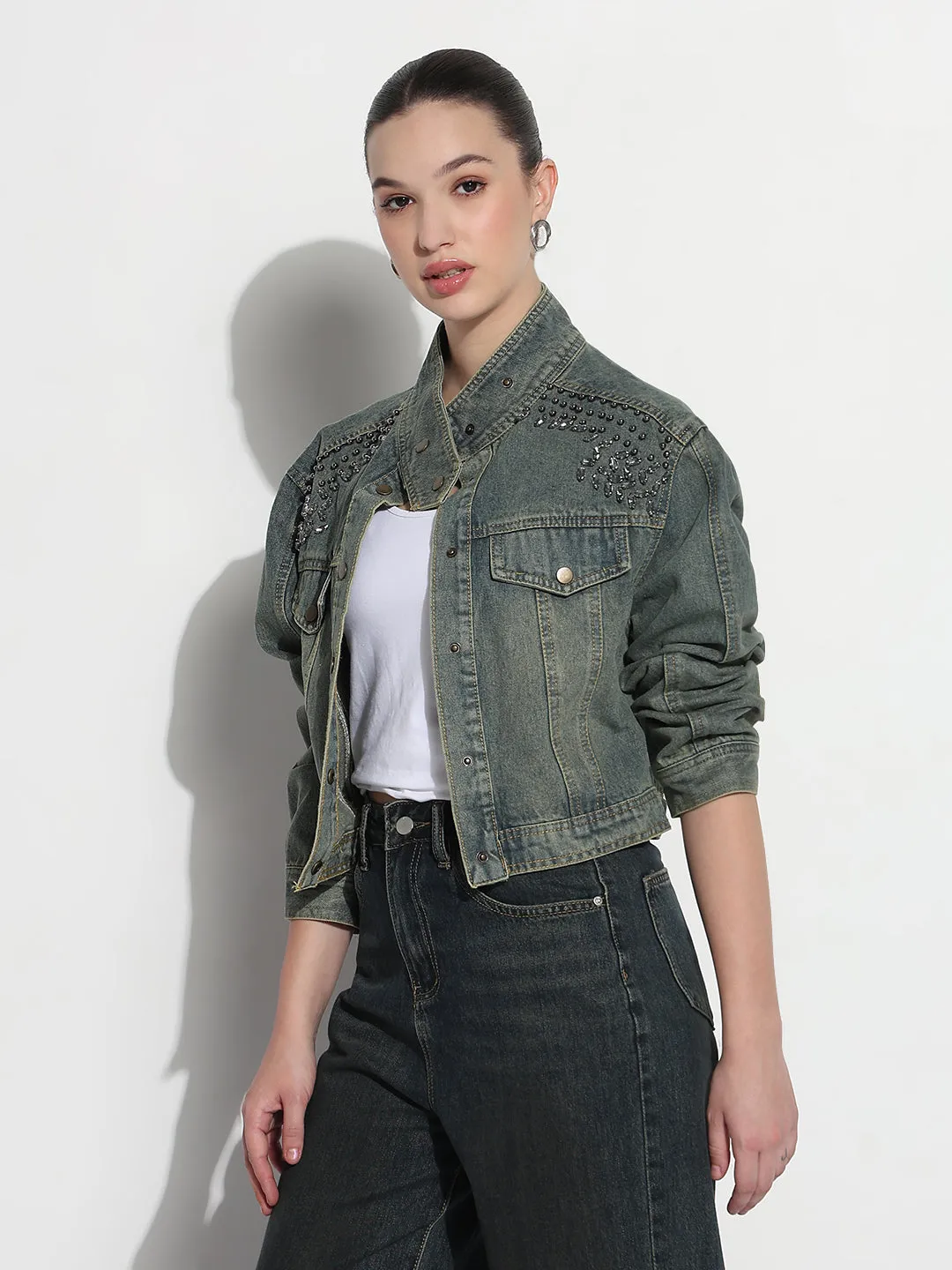 Women's Embellished Blue Stand Collar Relaxed Fit Denim Jacket LowProfile Design Multi pockets