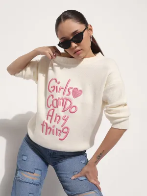 Relaxing Wear Women's Embroidered Cream Round Neck Knitted Top