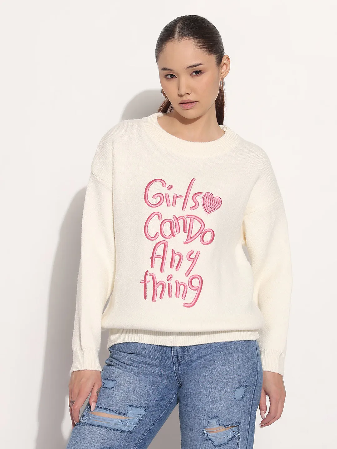 Women's Embroidered Cream Round Neck Knitted Top product keychain convenience style test