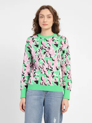 Lightweight Open Weave Women's Floral Print Crew Neck Sweater