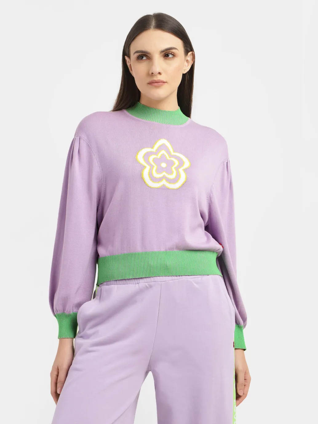 Tubular Knit Structure Simple Form Women's Floral Print High Neck Sweater