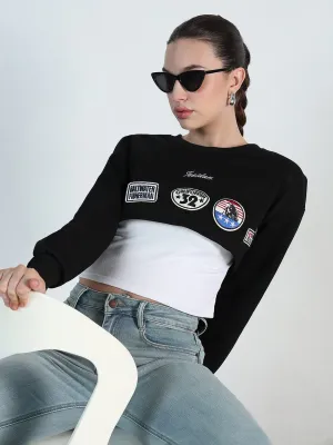 Women's Graphic Black Patch Crop Sweatshirt Indoor Wear Warm