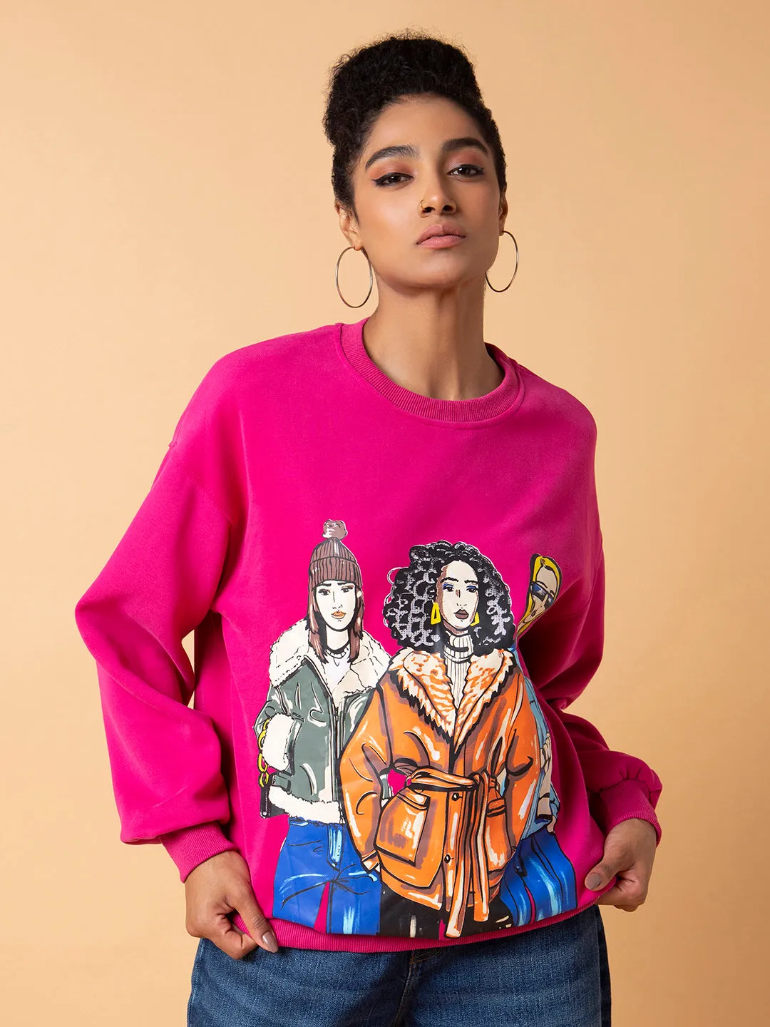 Timeless Fashion Women's Graphic Pink Oversized Pullover