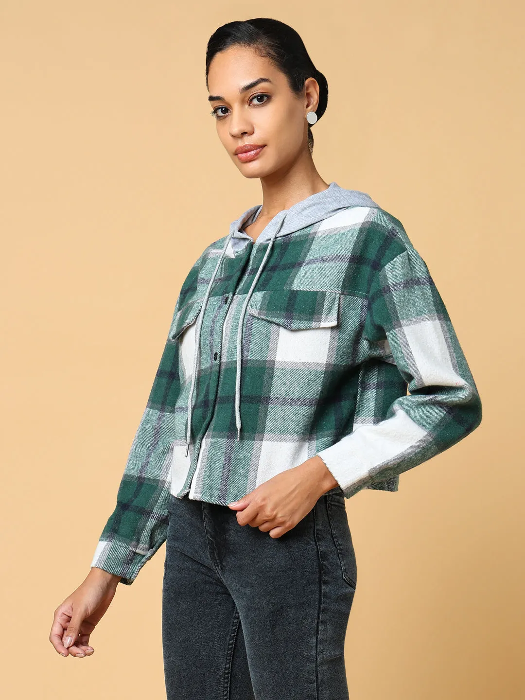 product flannel coziness product promotion Women's Green Checked Hoodie