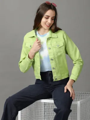 Reinforced Elbow Patches ElasticCuffs Women's Green Denim Jacket