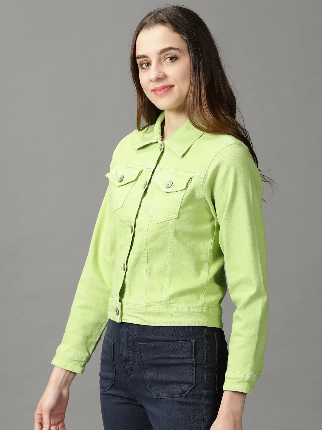 Women's Green Denim Jacket WindproofDesign Stretch Weave Fabric