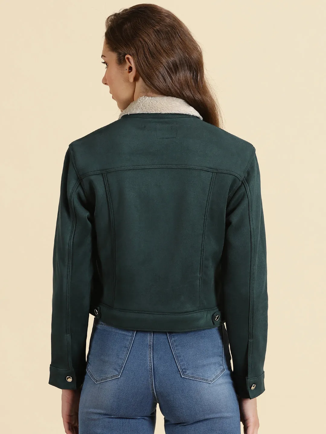 Women's Green Fleece Crop Tailored Jacket With Faux Fur Trim Quick Release Buckle Chic Urban