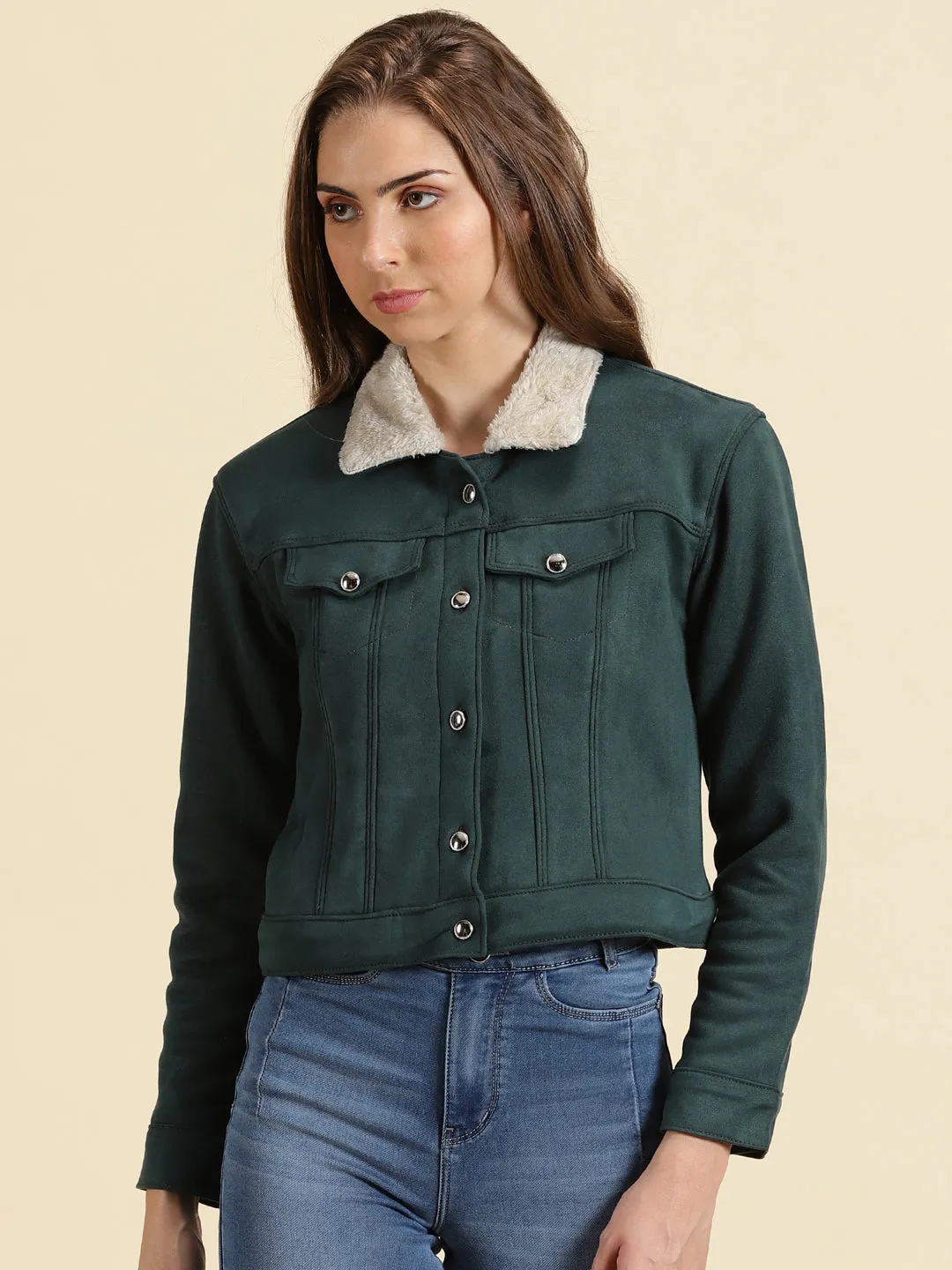 Women's Green Fleece Crop Tailored Jacket With Faux Fur Trim Magnetic Closures Wind Resistant Fabric