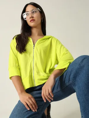 Women's Green Solid Hood Cotton Front-Open Sweatshirt Fresh Relaxed Versatile Jacket