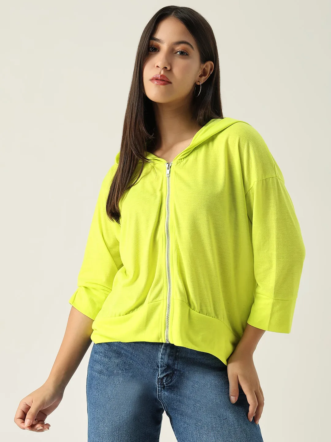 Women's Green Solid Hood Cotton Front-Open Sweatshirt Satin Lining Cold Weather Protection