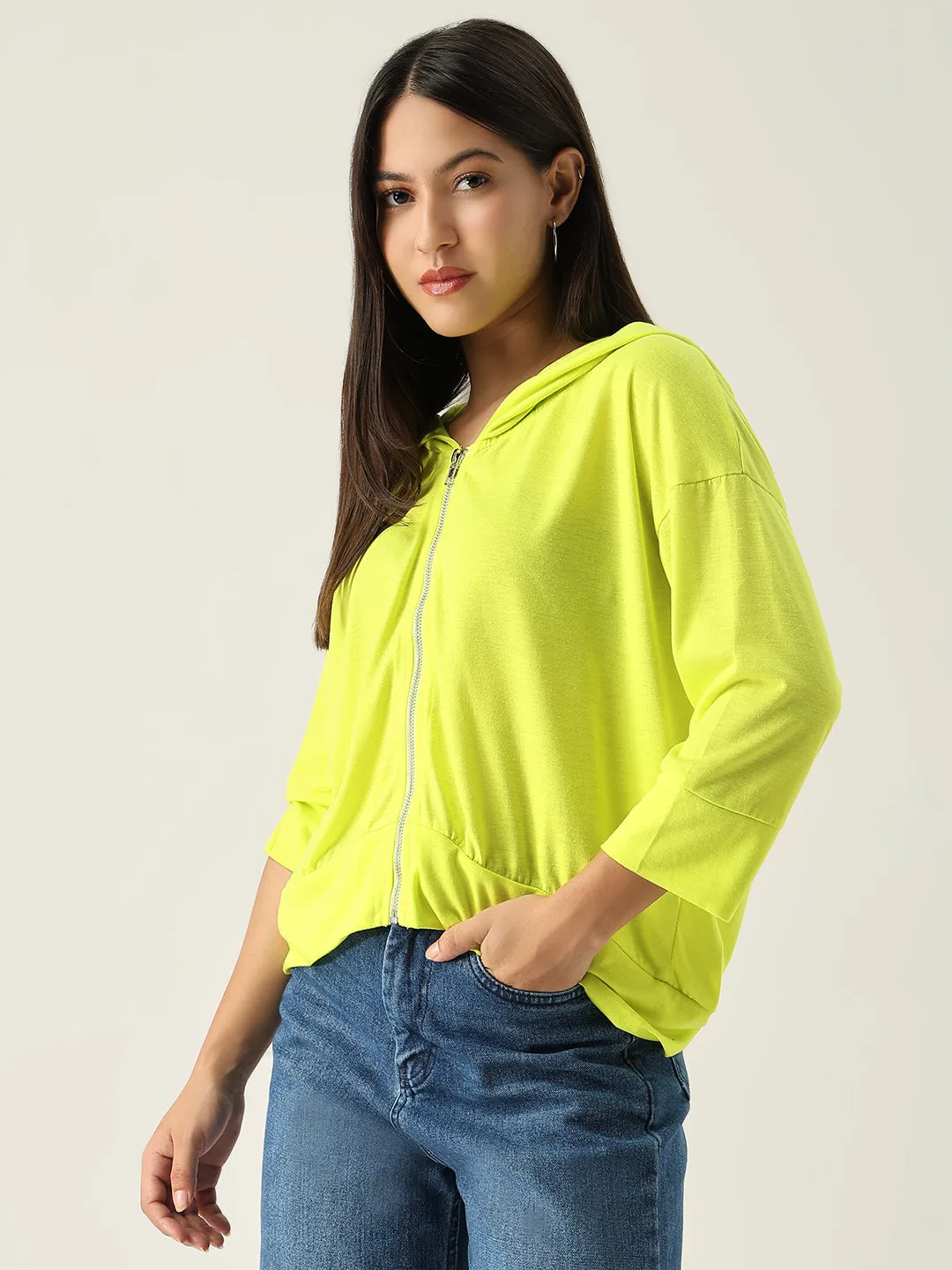 Women's Green Solid Hood Cotton Front-Open Sweatshirt goes with jeans