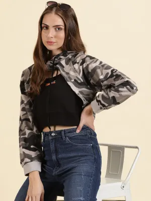 Running wear Cozy Comfort Women's Grey Camouflage Printed Neck Cotton Hoodie