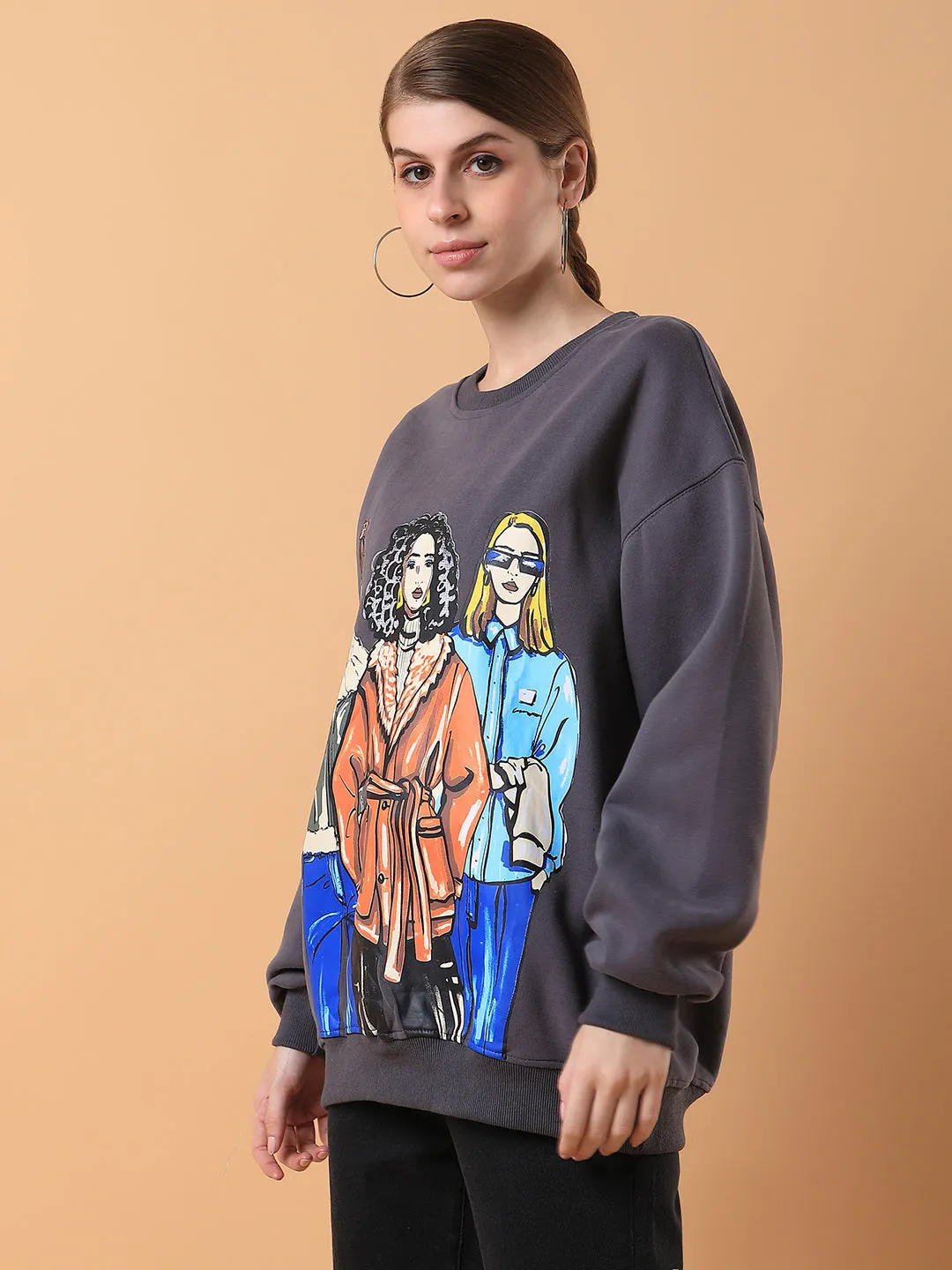 Women's Grey Graphic Printed Sweatshirt Classic Sporty