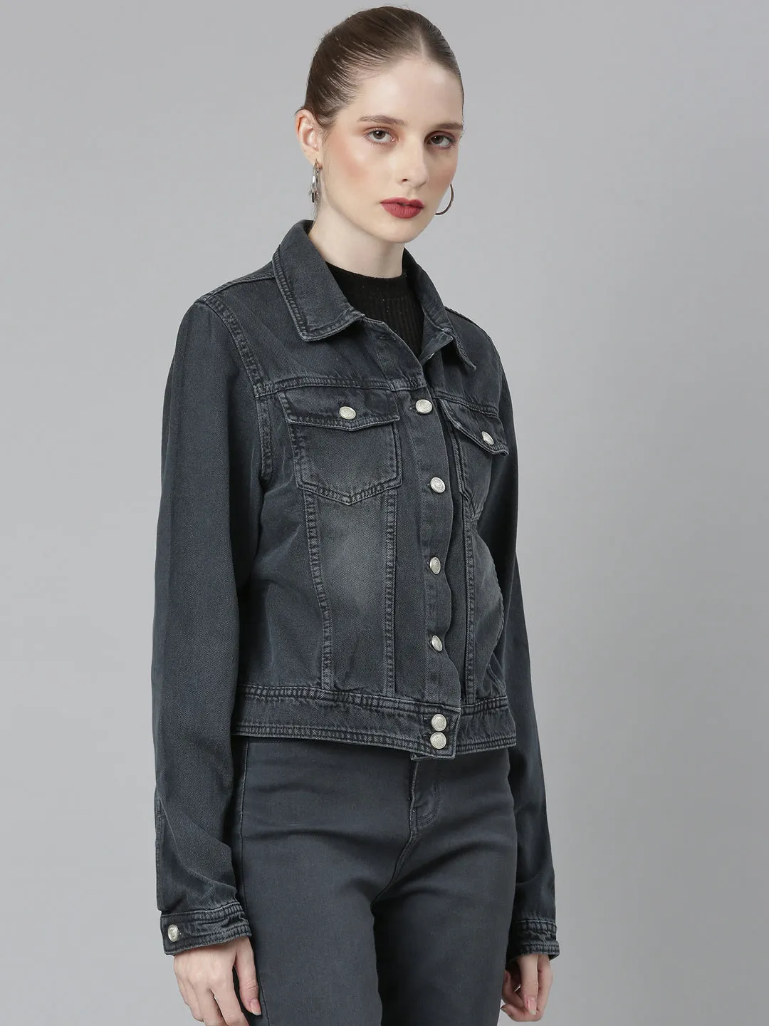 Sporty Layers Women's Grey Spread Collar Crop Denim Jacket