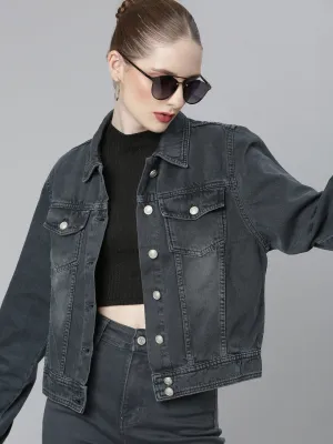 Functional Piece Women's Grey Spread Collar Crop Denim Jacket