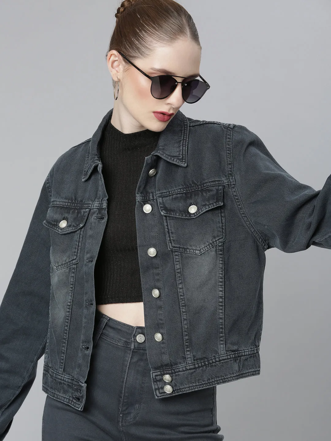 Functional Piece Women's Grey Spread Collar Crop Denim Jacket