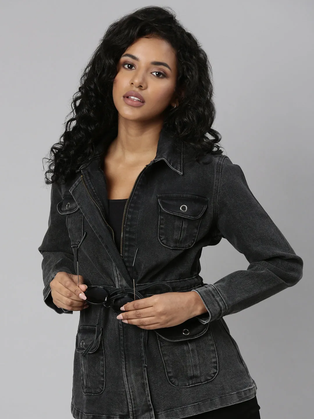 Noise Reduced Fastener System Women's Grey Spread Collar Denim Jacket