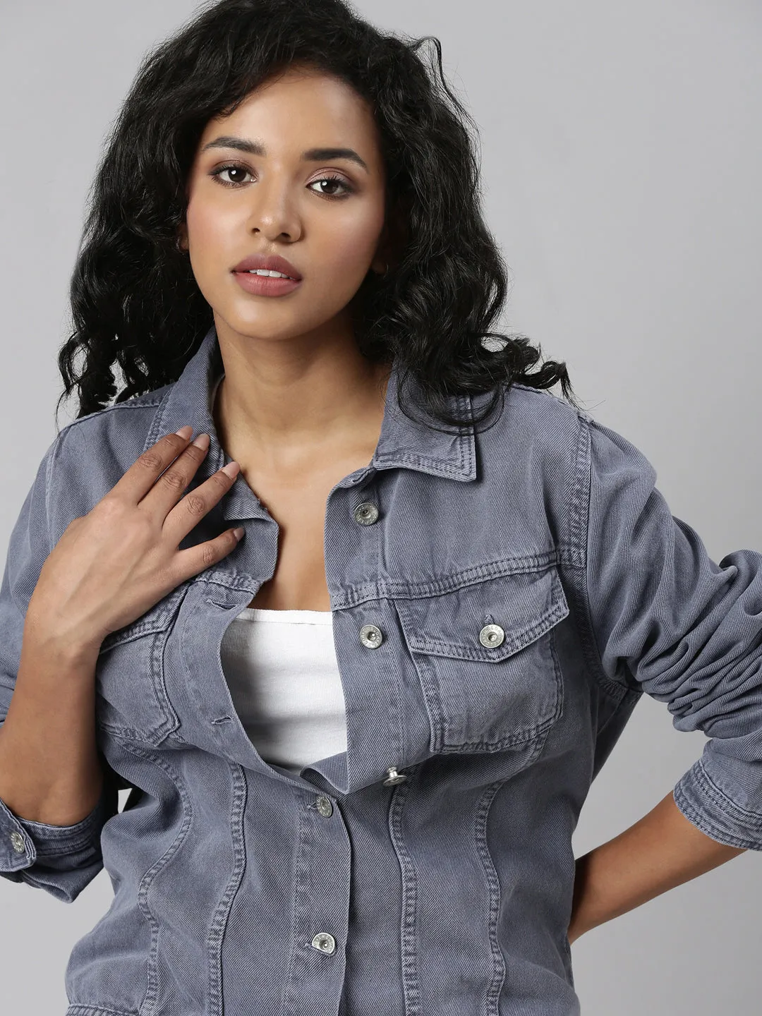 Women's Grey Spread Collar Denim Jacket Windproof Hood Shock Absorbent Padding