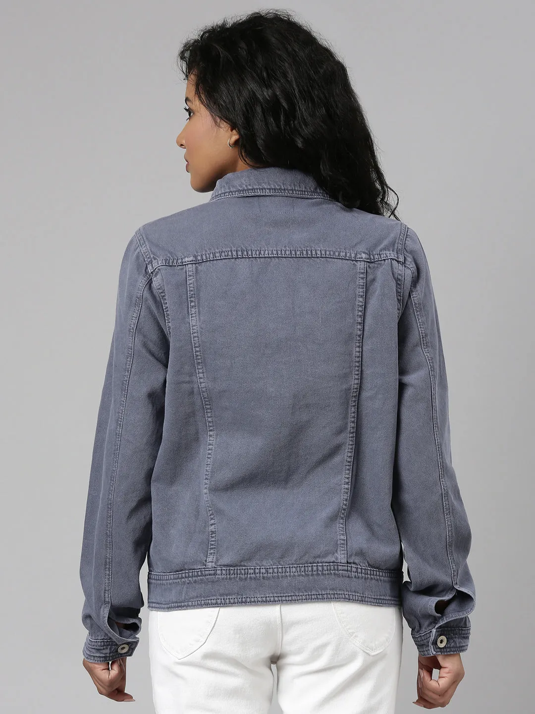 Street Comfort Microfiber Blend Women's Grey Spread Collar Denim Jacket