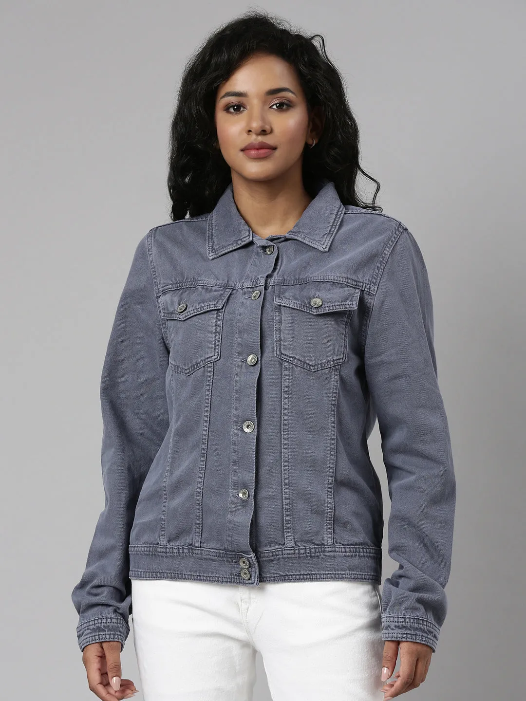 All Weather Adaptability Flexible Insulation Women's Grey Spread Collar Denim Jacket